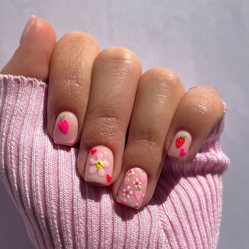 Short Pink French Nails with Flowers, Smiles, and Fruits, Sweet Style