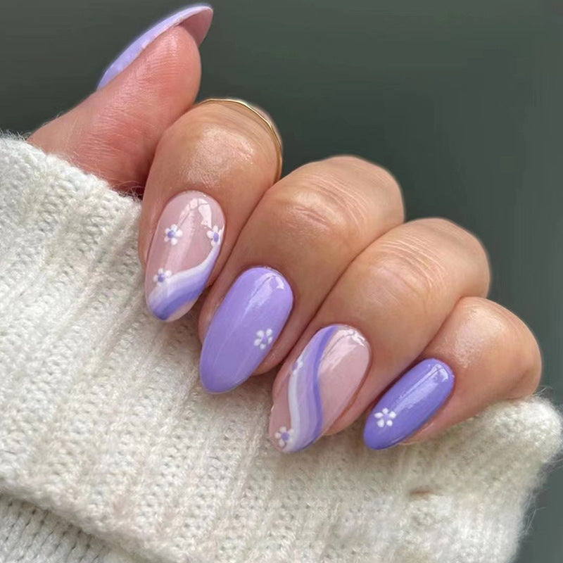 Oval Purple Patterned Nails, Gentle and Fresh for Summer