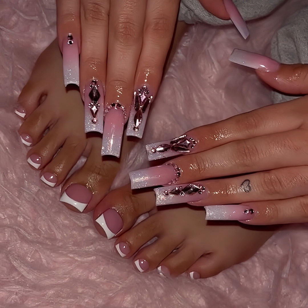 Sweet Pink Manicure & Pedicure Set with Glitter and Ombre