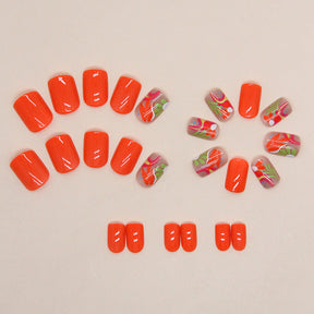 Short Vibrant Orange Summer Nails, Multicolor Floral Design