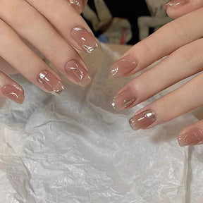 24-Piece Short Square Gold Line Nude Nails