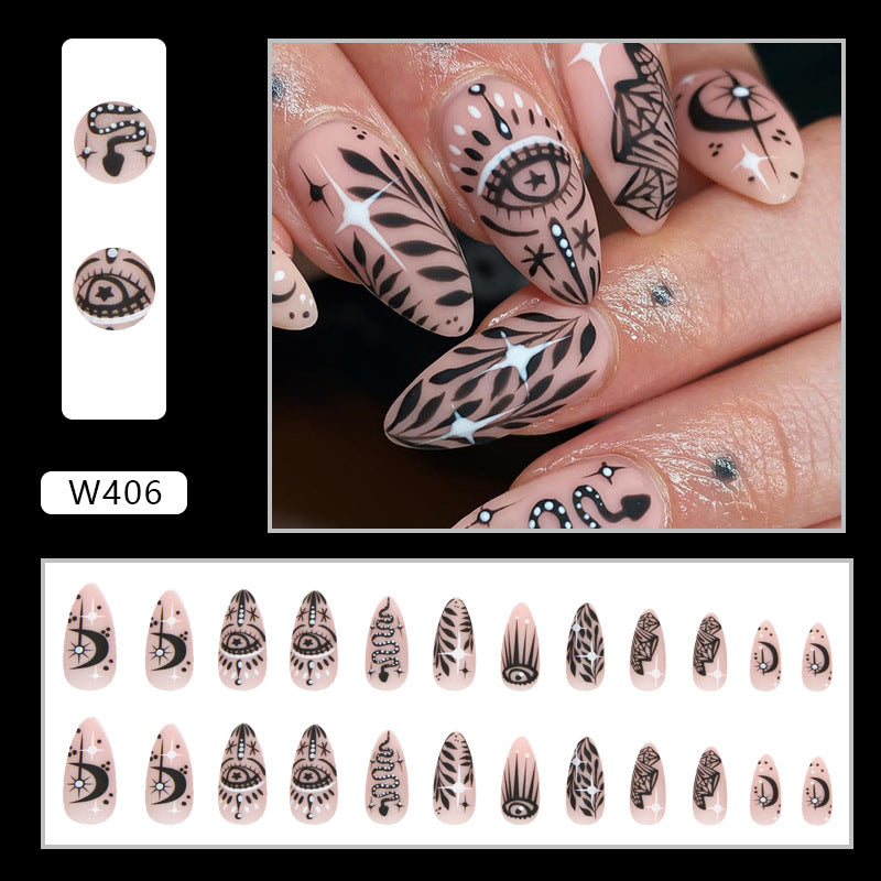 Almond Shape Round Black Totem Nails, Large Eye Diamond Moon, Halloween Style