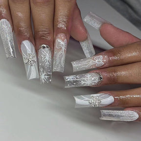 2024 Winter Snowflake Swirl Crystal Clear Long Coffin Christmas Nails