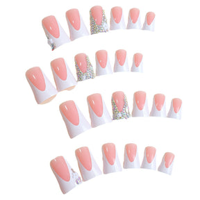 Faux French Duckbill Nail Tips with Rhinestones and Flowers