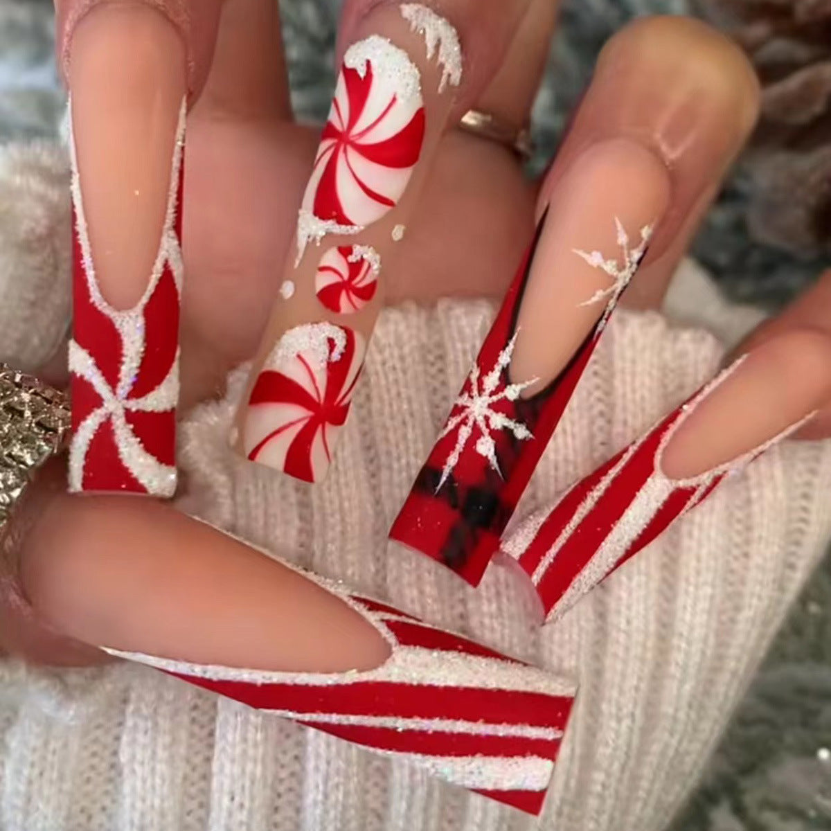 Red Glitter French Nail Tips with Ribbon, Candy Design