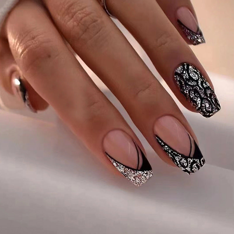 Sweet Cool Leopard Print Triangular Black French Nails Short Ballet