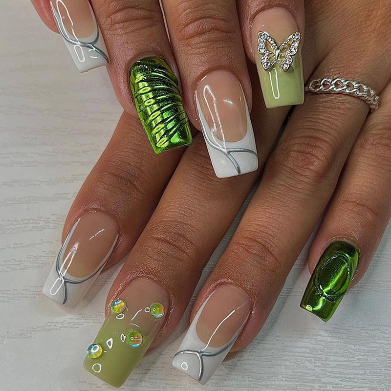 Square Aurora Green Nail Stickers with Diamond and Butterfly