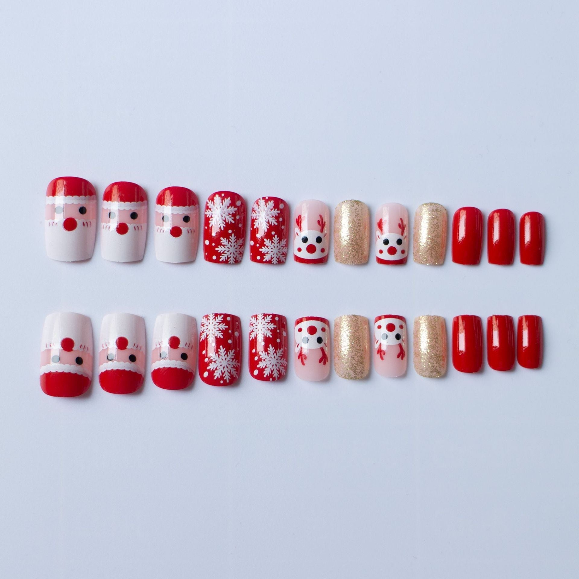 Christmas Cartoon Reindeer and Santa White Snowflake Fall Nails - Removable Nail Tips