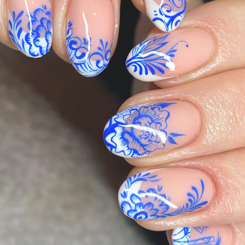 Chinese Style Round Head Blue Porcelain Morandi Flowers Totem Nails Euro Fashion Fake Nails