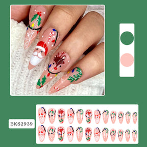 Christmas Nail Tips with Santa, Reindeer, and Almond Shape