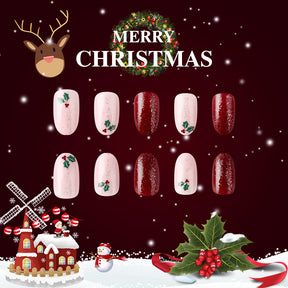 Short Shiny Oval Christmas Nails - Glitter, Leaves, Berries