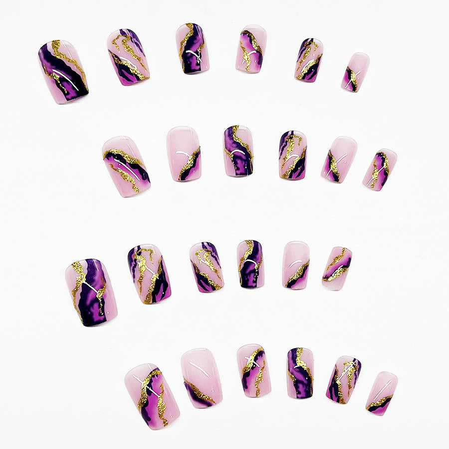 Pink Purple Gold Edge Mid-Length Euro Square Nails, Edgy & Stylish