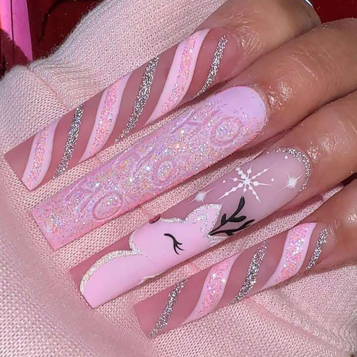 Christmas Long Nail Extensions with Reindeer and Snowflakes