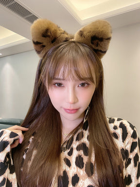 Cute Real Rabbit Fur Cat Ear Headband - Leopard Print