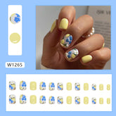 Short Lemon Yellow Vintage Floral Nails, Ins Style