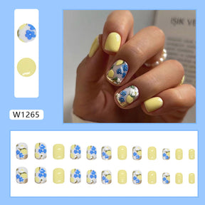 Short Lemon Yellow Vintage Floral Nails, Ins Style