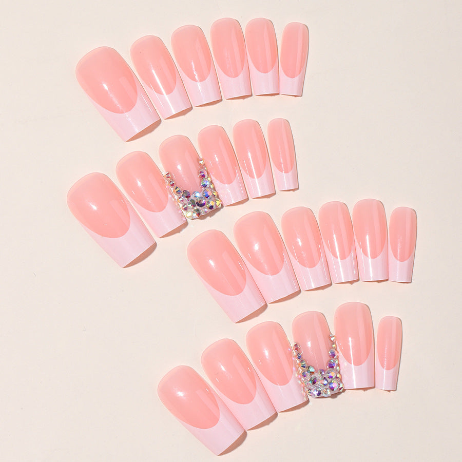 Trendy French Tip Crystal Long Nails