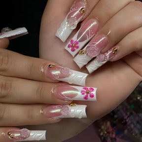 Classic White French Fake Nails with Pink Flowers