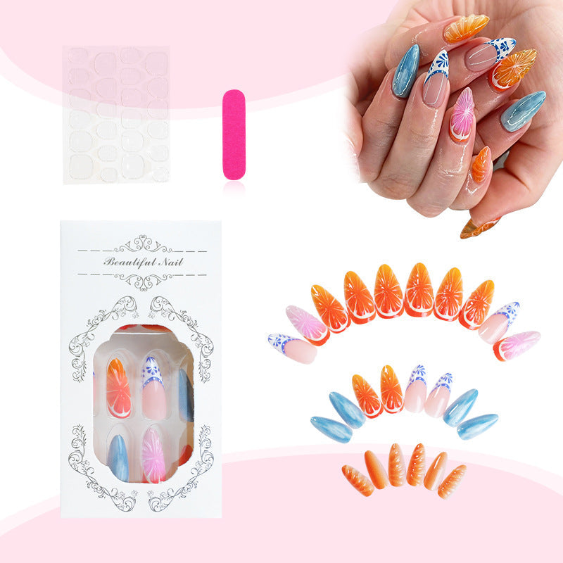 24-Piece Orange 3D Resin Nail Tips, Detachable Fake Nails