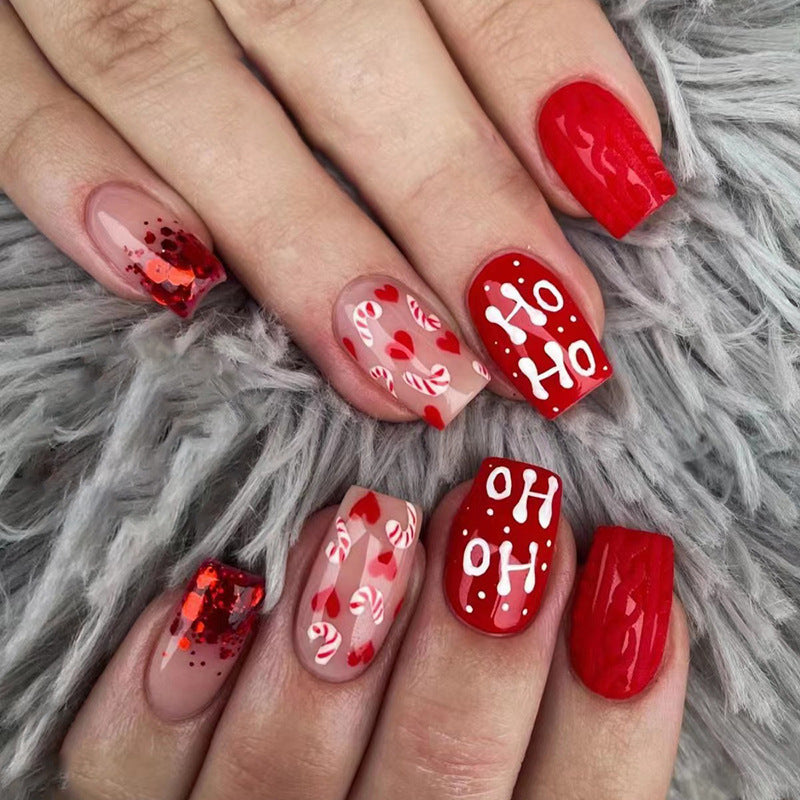 Red Christmas Heart Glitter Pre-made Nails for Valentine's Day (24 Pcs)