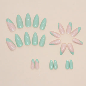 Simple Solid Light Green Nails Euro Almond Fashion Gold Powder French Wearable Nails Wholesale