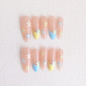 Chic Handmade Almond French Daisy Long Oval Cat Eye Fall Nails, Versatile Nail Patches