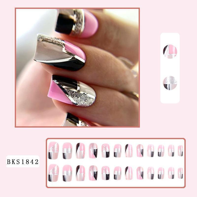 Black and Pink Glitter Square Nail Tips