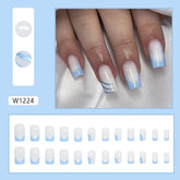 Simple Sky Blue French Nails with Diagonal Glitter, 24 Pieces