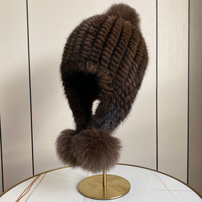 Warm Mink Fur Hat with Fox Pom Pom - Winter Luxury