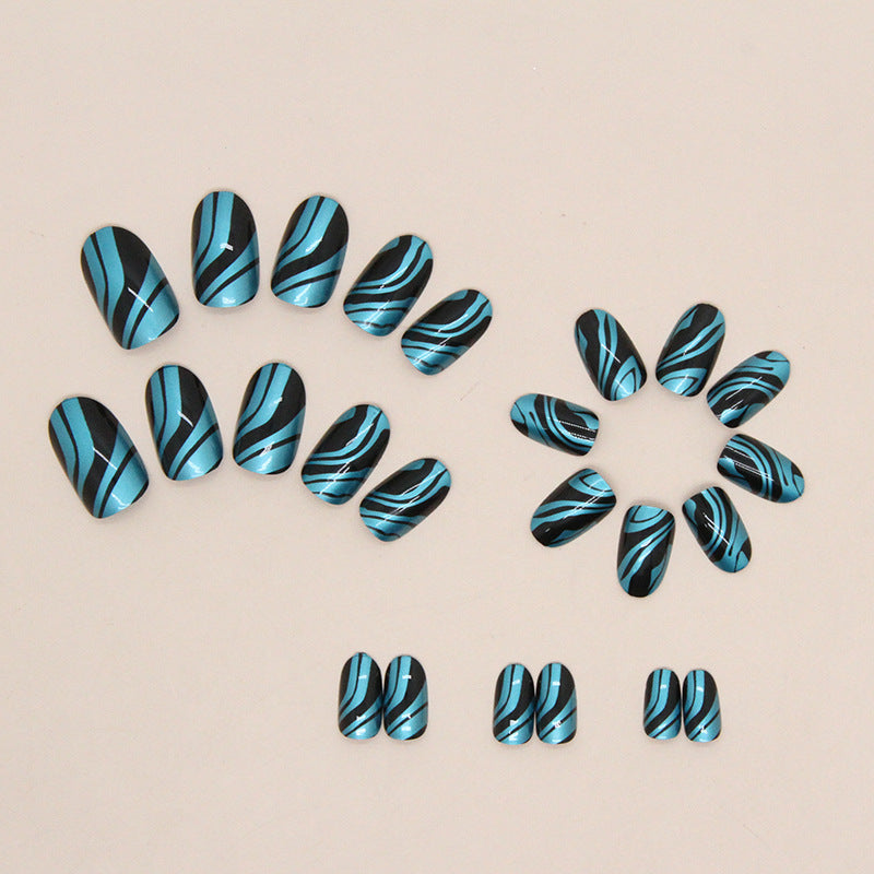 Aurora Blue Wave Oval Nails - Ins Style, Sweet & Cool