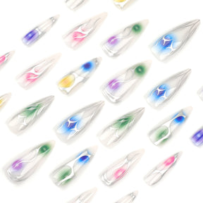 Color Gradient Long Pointy Fake Nails, Silver Flame Design