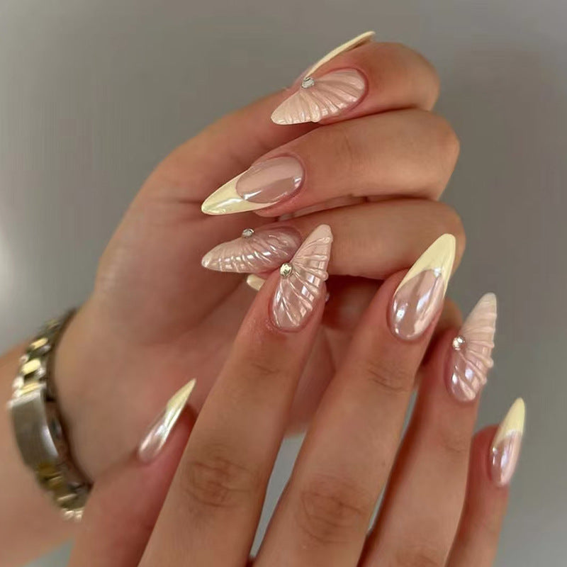 Simple French 3D Shell Nails, Almond Shape, 30 Pieces