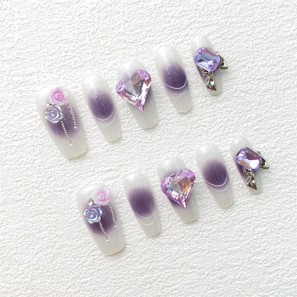 Chic Handmade Purple Starry Sky Long Full-Diamond Fall Nails, Versatile and Stylish Nail Patches