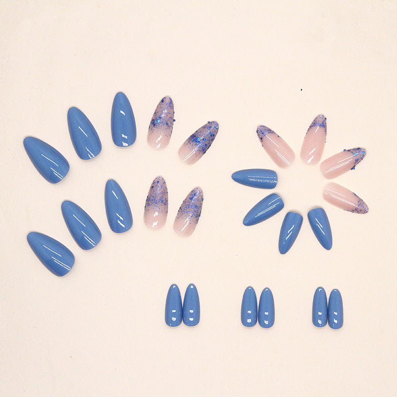 Solid Blue Fairy Glitter Almond Nails, Fresh Summer Lake Blue, Ins Style