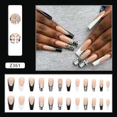 Wholesale Finished Long Ballet Nails Black Mysterious Cross Pattern 24-Piece Box