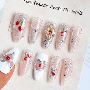 Handcrafted Luxury Strawberry Heart Baroque Nails