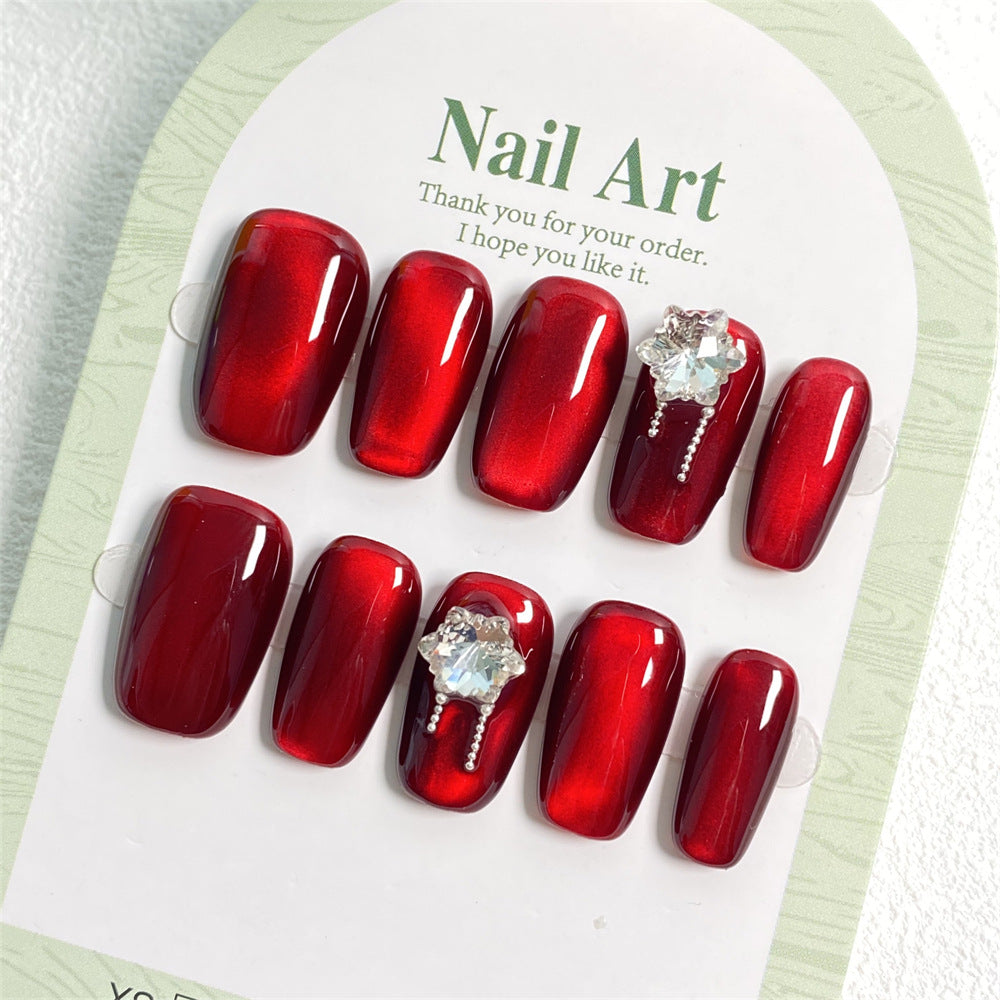 Chic Handmade Dark Red Cat Eye Flash Diamond Fall Nails, Versatile Short Nail Patches