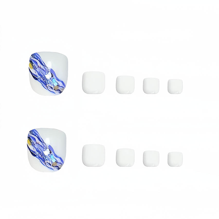 Classic Minimalist White Blue Toe Nails with Glitter Stars