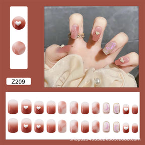 Rose Bean Pink Heart Gradual Blush Fall Nails, 24-Piece Removable Set