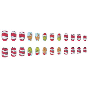 Christmas Red White Striped Grinch Design Cute Nail Tips