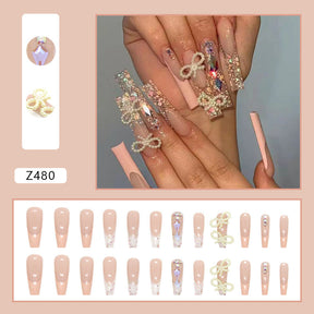 Shiny Drill Pearl Bow Wearable Nails, Ins Style, French Tip