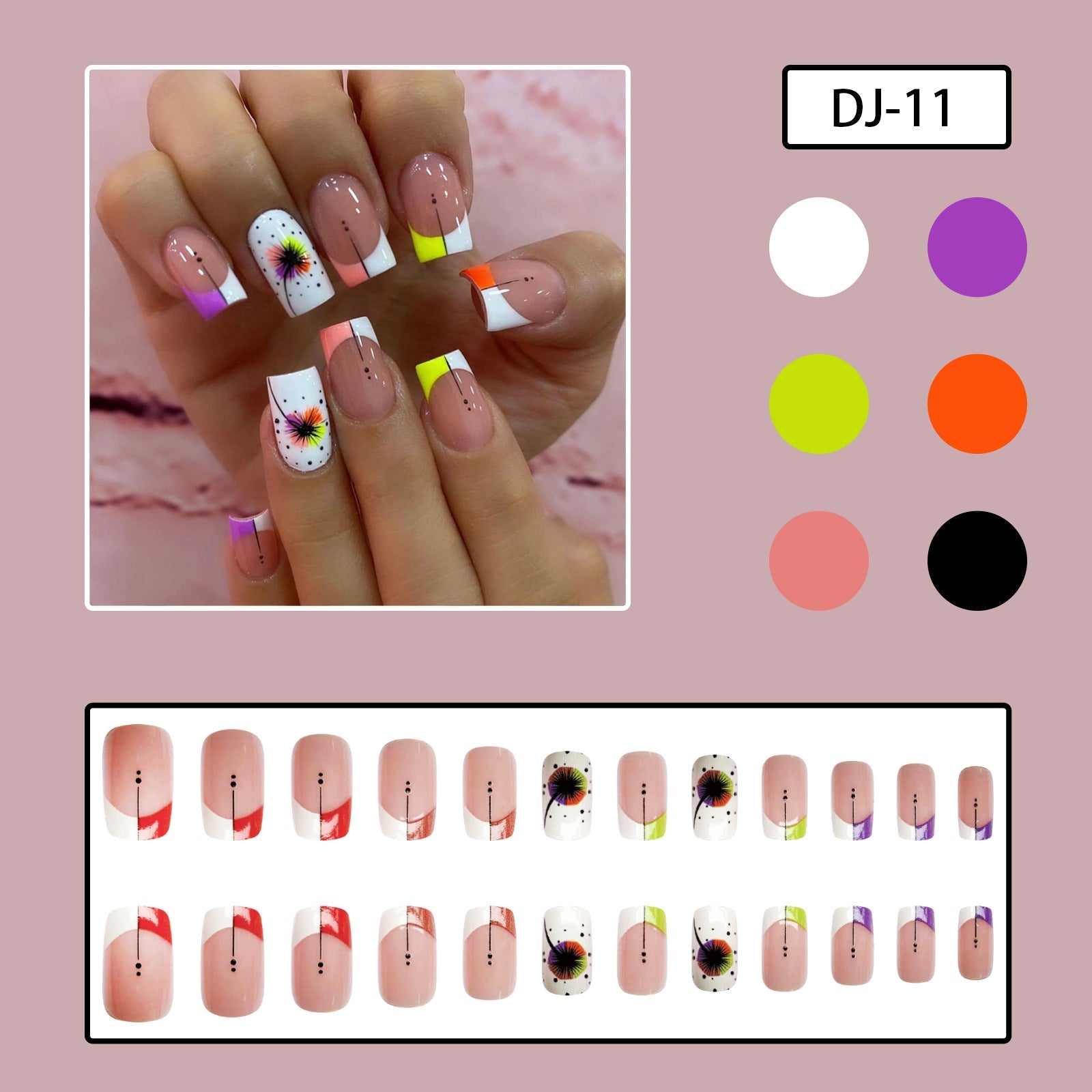 White Color Block French Square Nails with Fireworks and Polka Dots