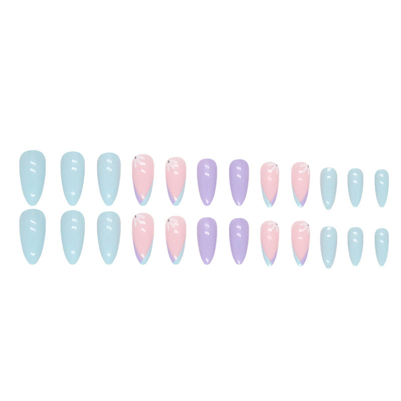 Blue Purple Simple Ins Style Triangle French Cute Half-Floral Nails Round Almond