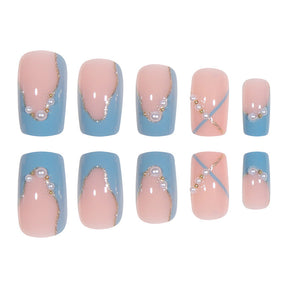 Chic Sea Salt Pearl Line Short French Press-On Nails