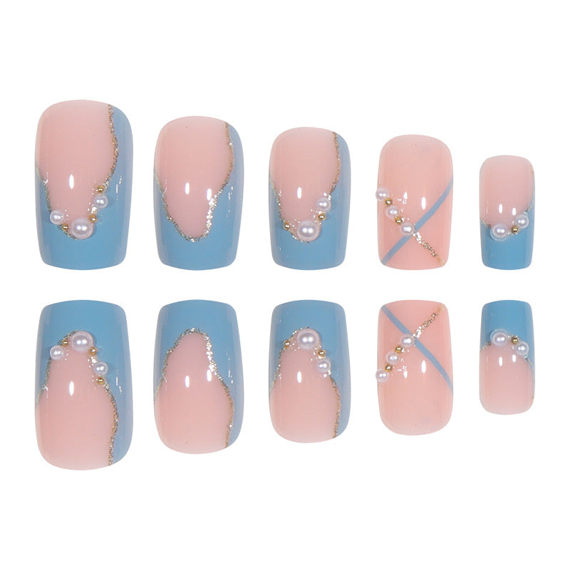 Chic Sea Salt Pearl Line Short French Press-On Nails