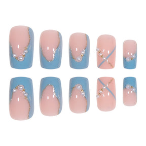 Chic Sea Salt Pearl Line Short French Press-On Nails