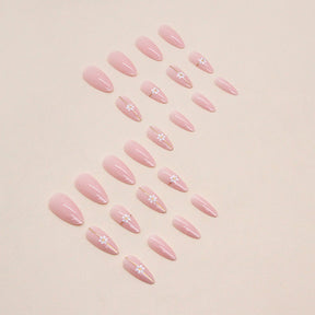 Simple Gold Line Flower Nails Round Almond Pink Sweet 24 Pieces