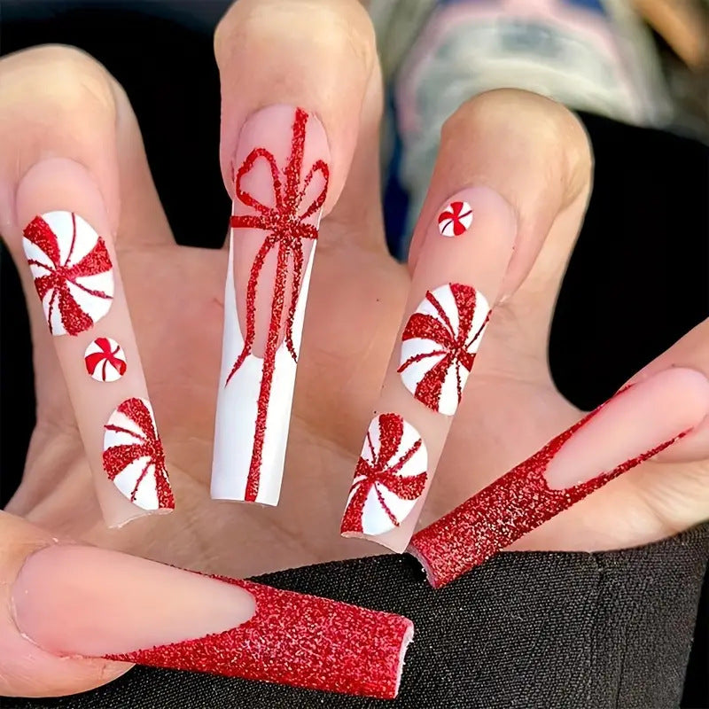 Christmas Sparkly Red French Nail Tips with Bow