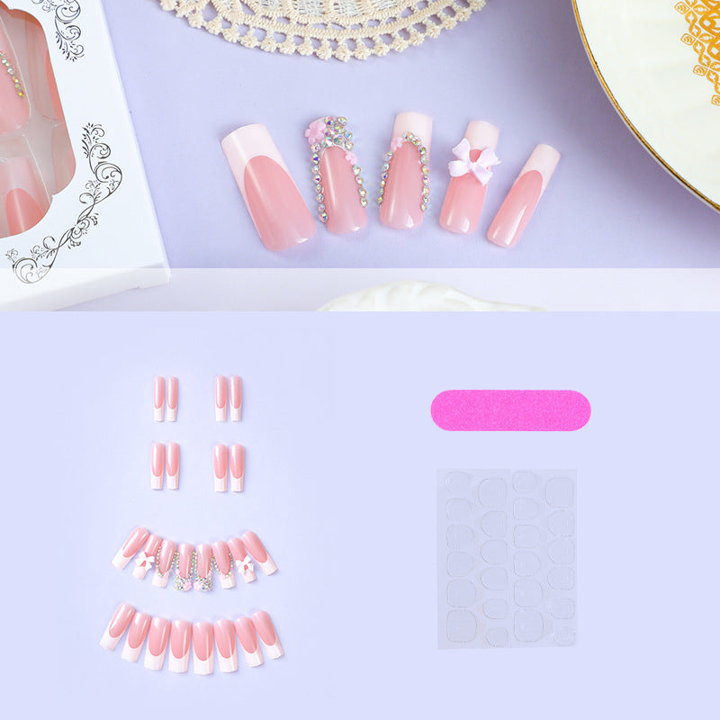 Long French Manicure Nail Tips with Bow Design