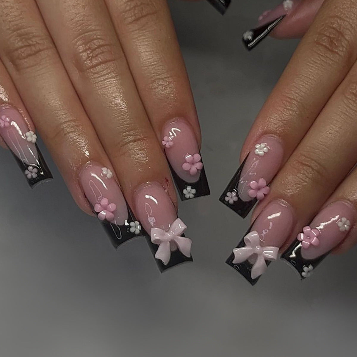 Black French Water Pipe Nail Tips with 3D Flowers and Pink Bow